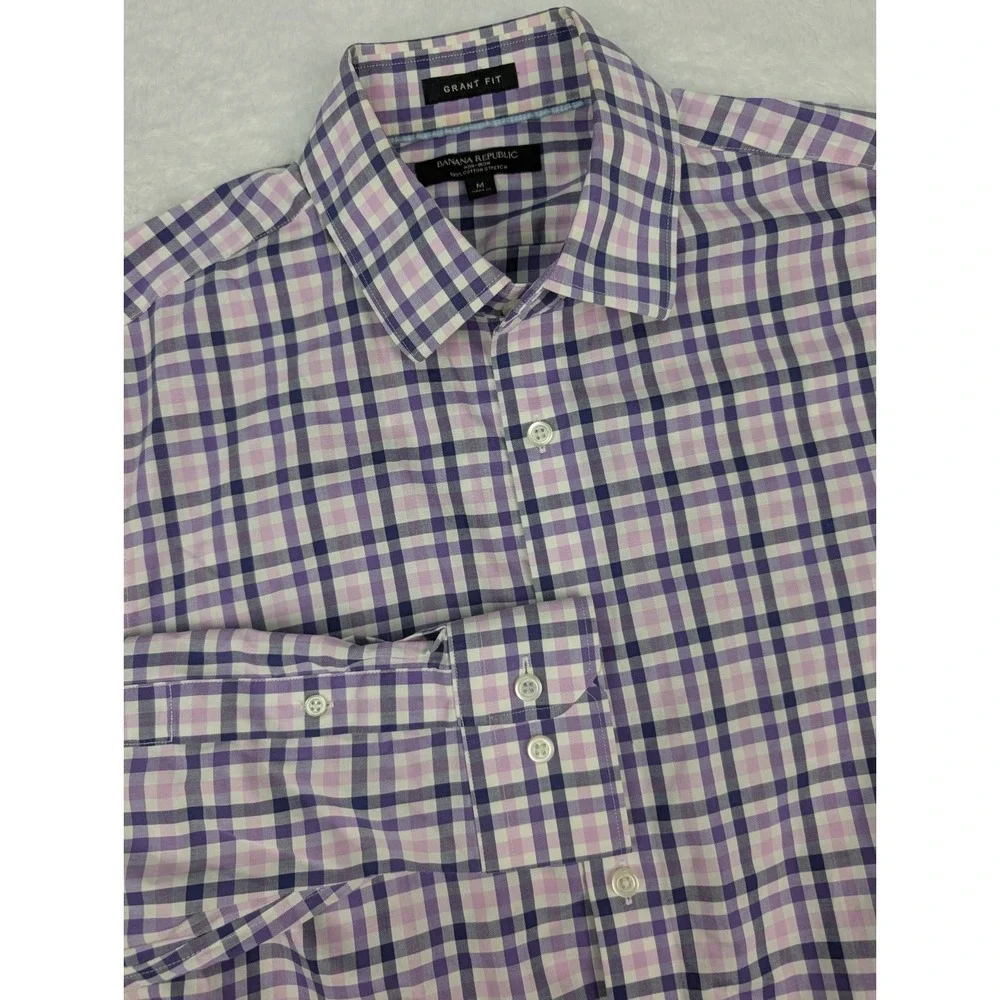Banana Republic Grant Fit Shirt Men's M (15-15.5) Non-Iron Purple Plaid LS